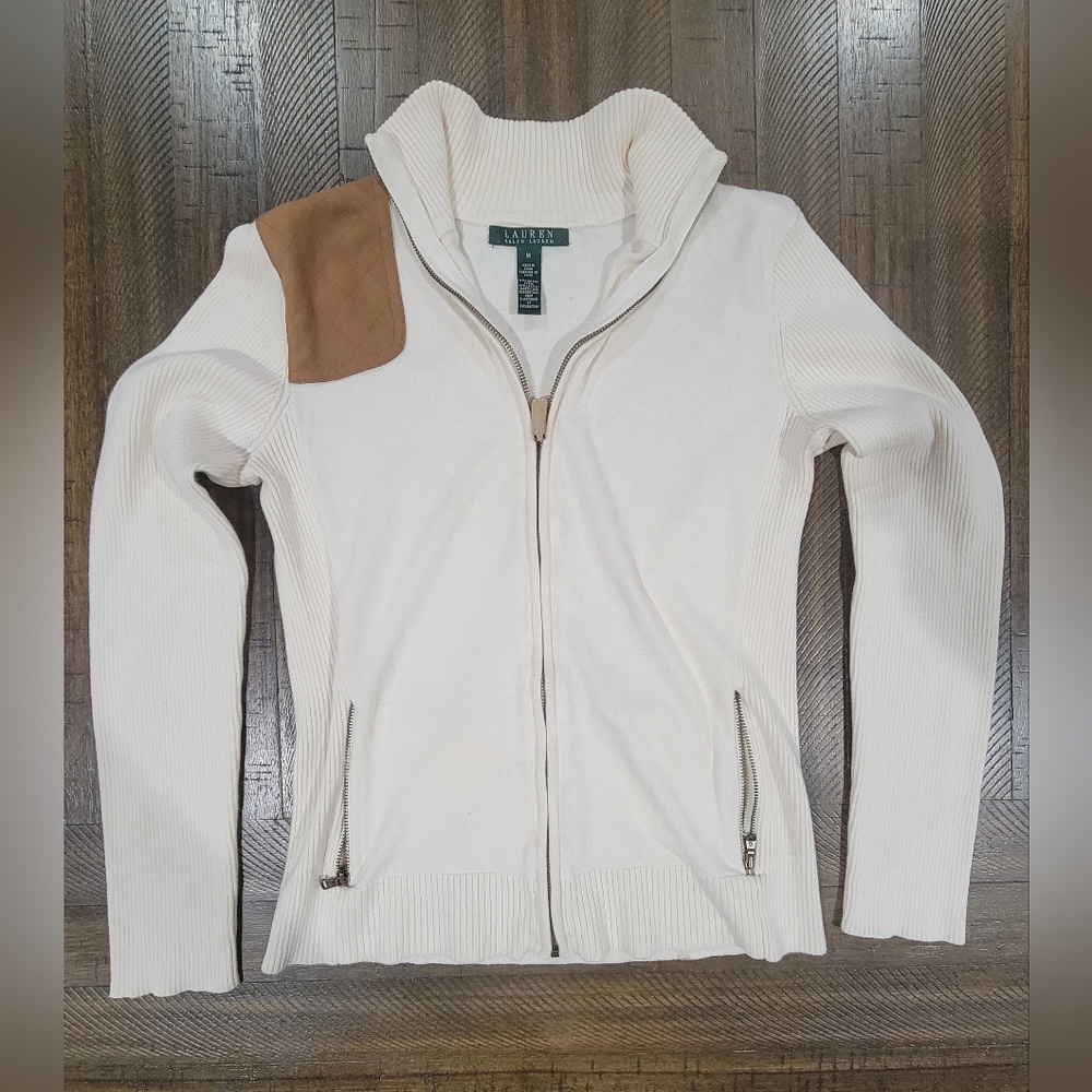 Lauren by Ralph Lauren Suede Patch White Cardigan- Womens Size Medium
